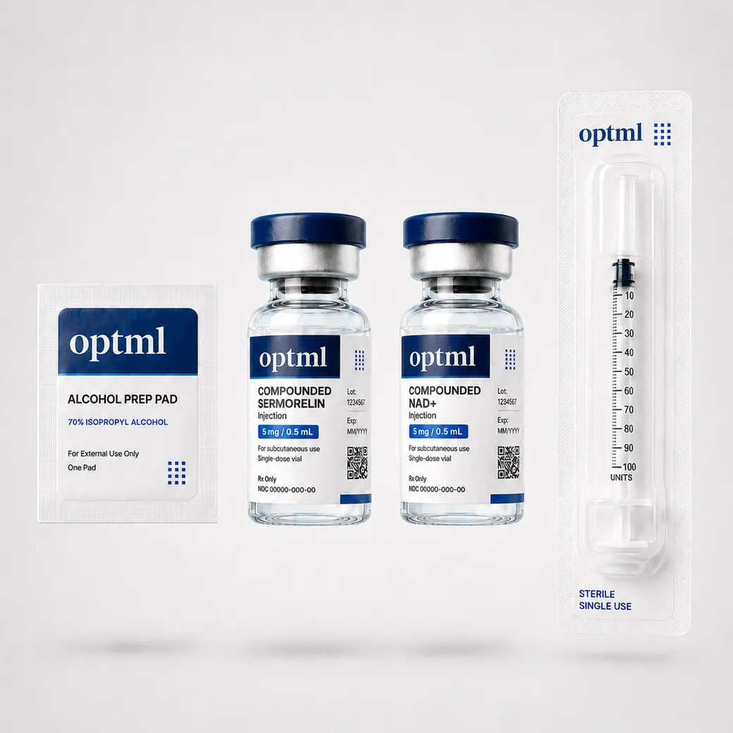 OPTML Longevity Protocol kit: compounded sermorelin and NAD+ vials, sterile syringe and alcohol prep pad