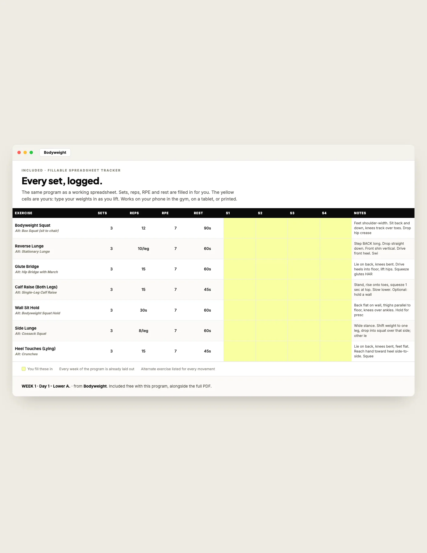 Bodyweight Training, fillable tracker