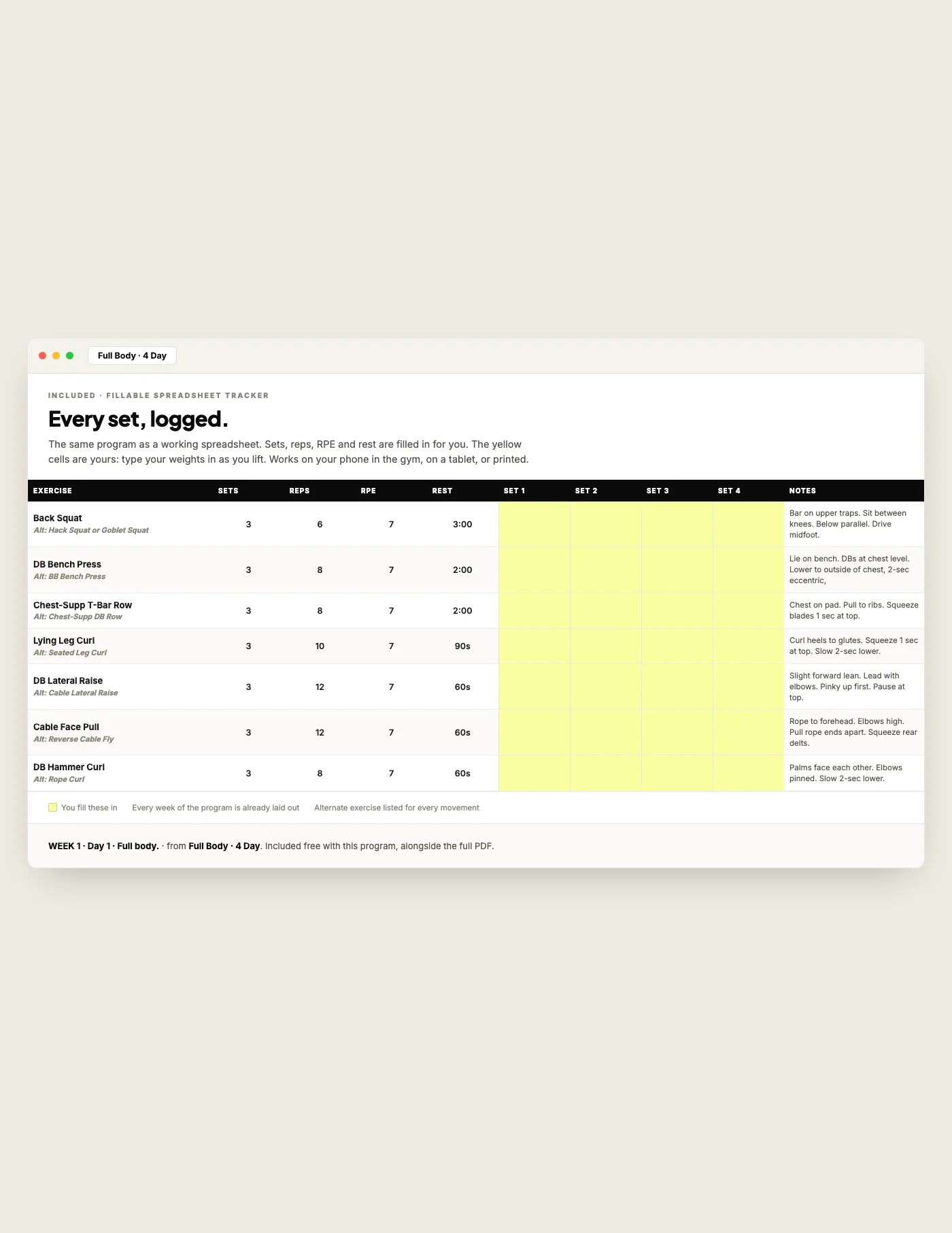 Full Body — 4 Day, fillable tracker
