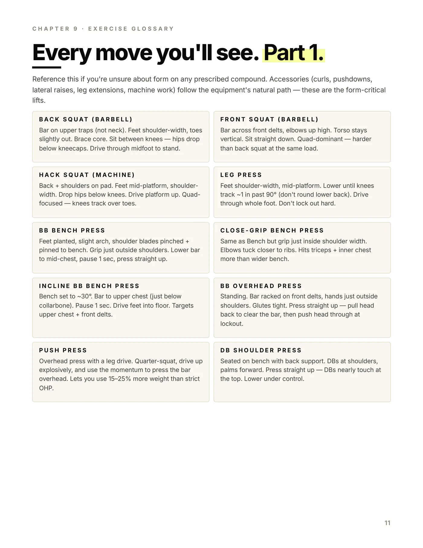 Full Body — 5 Day, exercise glossary