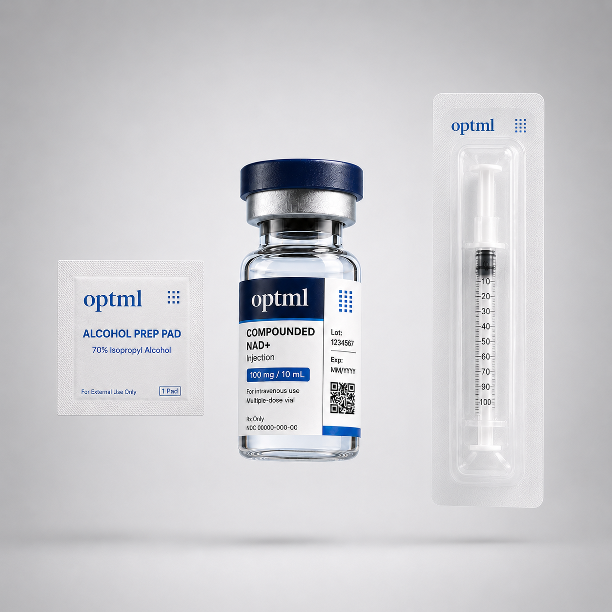 OPTML NAD+ kit: alcohol prep pad, vial, and pre-paired syringe