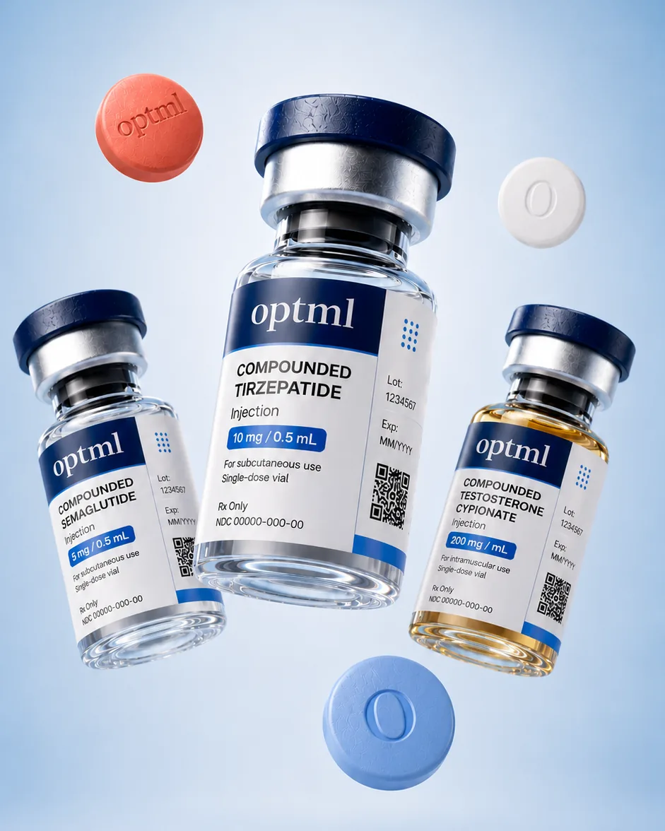 OPTML compounded semaglutide, tirzepatide, and testosterone cypionate vials