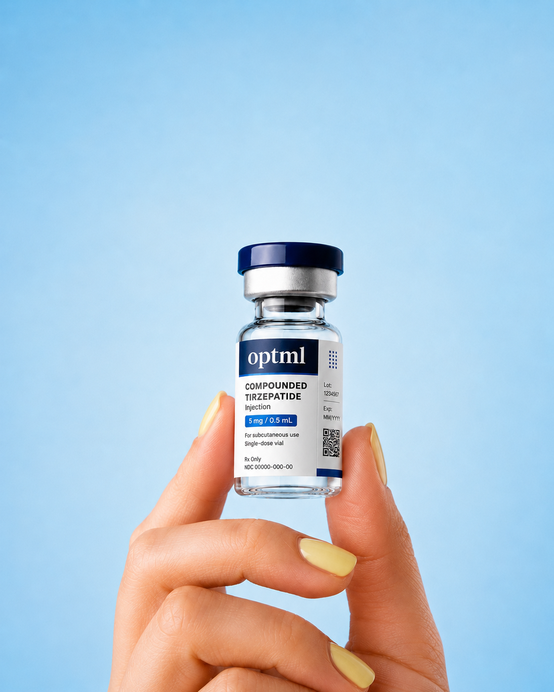 Hand with yellow nails holding OPTML compounded tirzepatide vial