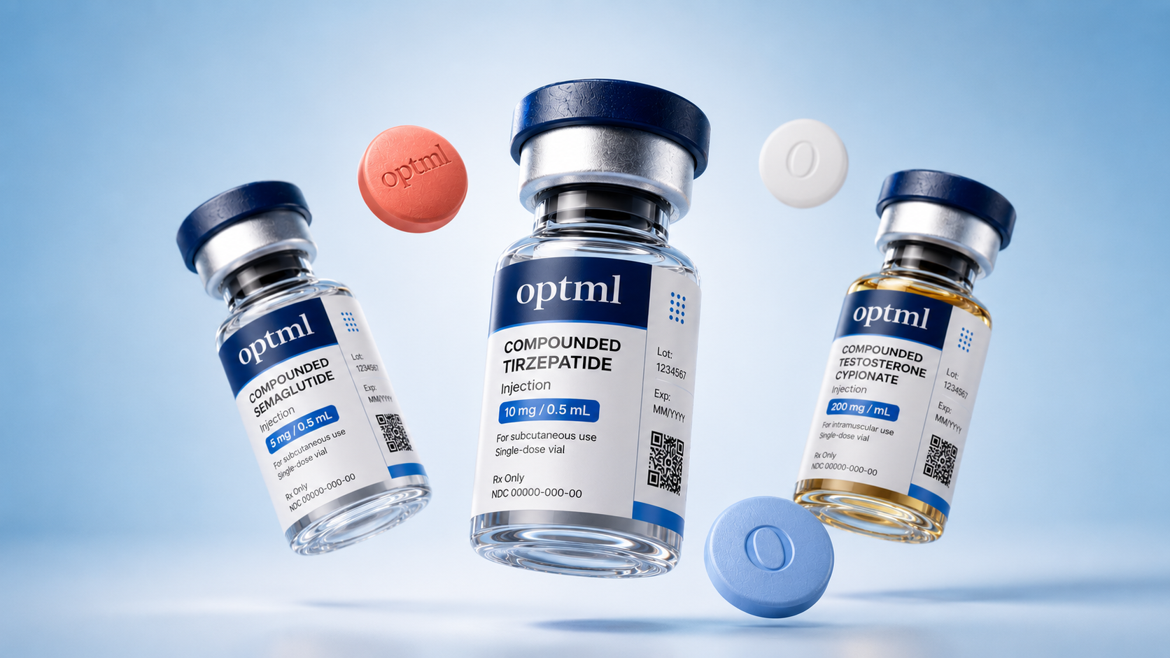 OPTML compounded GLP-1, TRT, and NAD+ vials and pills
