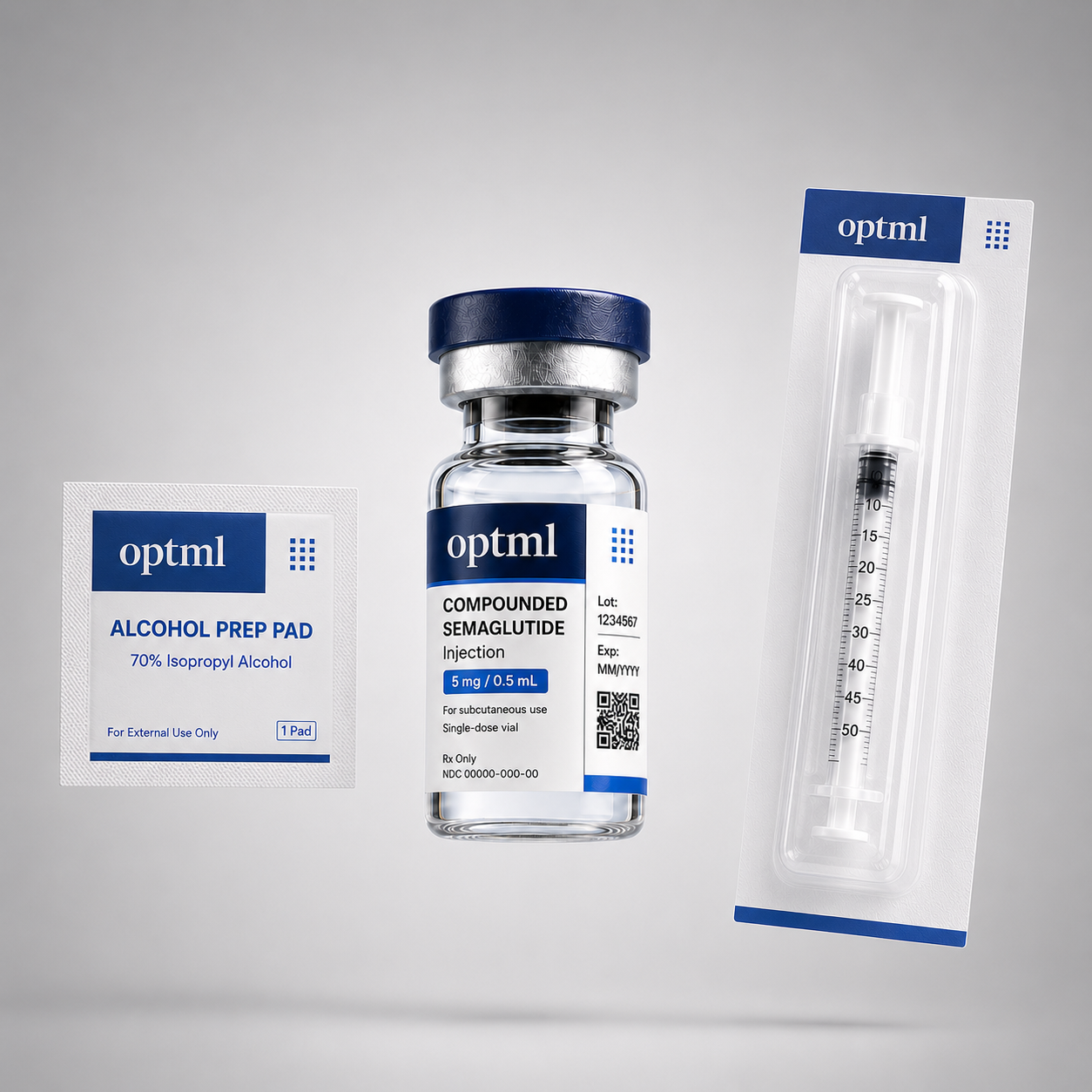 OPTML compounded semaglutide kit: alcohol prep pad, vial, and pre-paired syringe