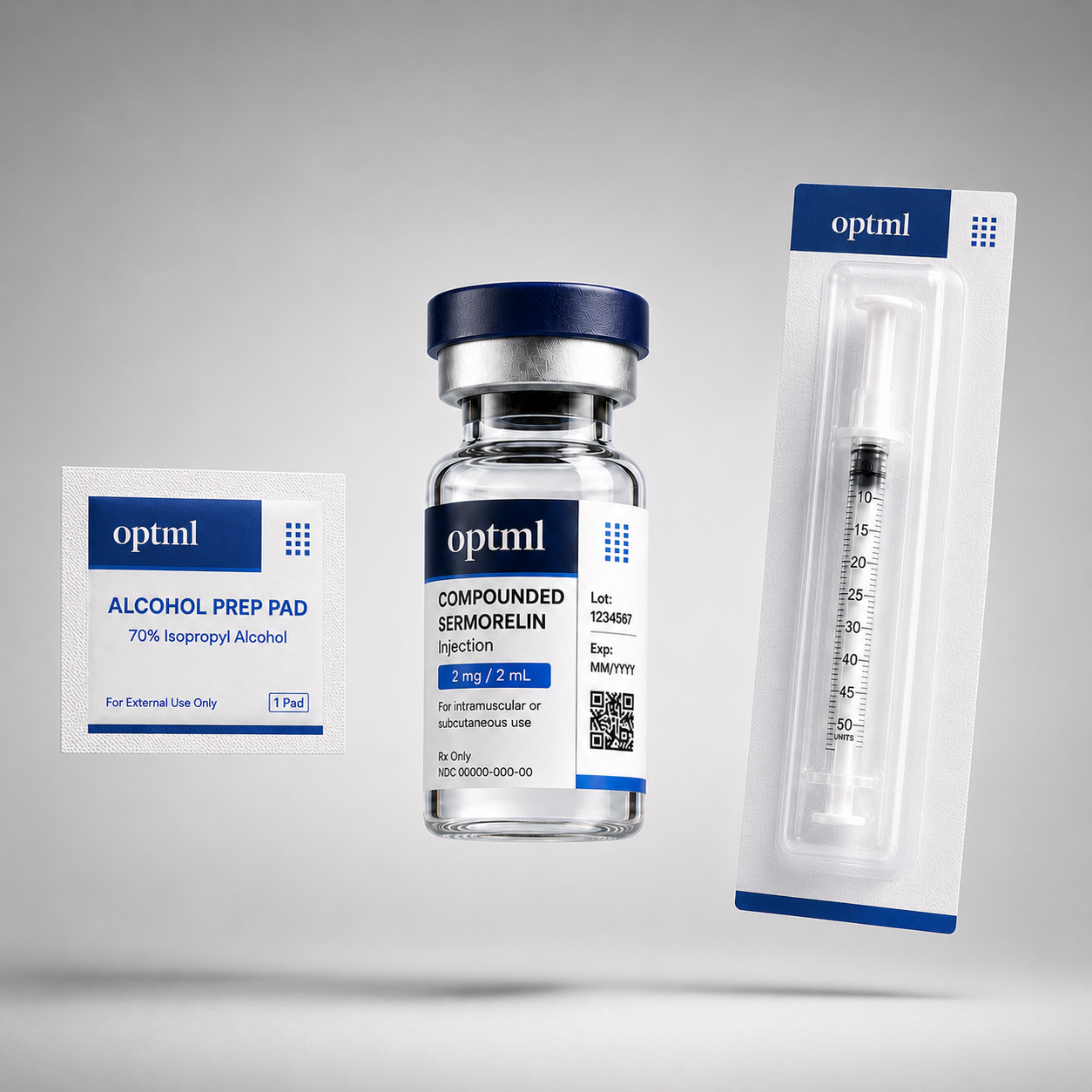 OPTML compounded sermorelin kit: alcohol prep pad, vial, and pre-paired syringe