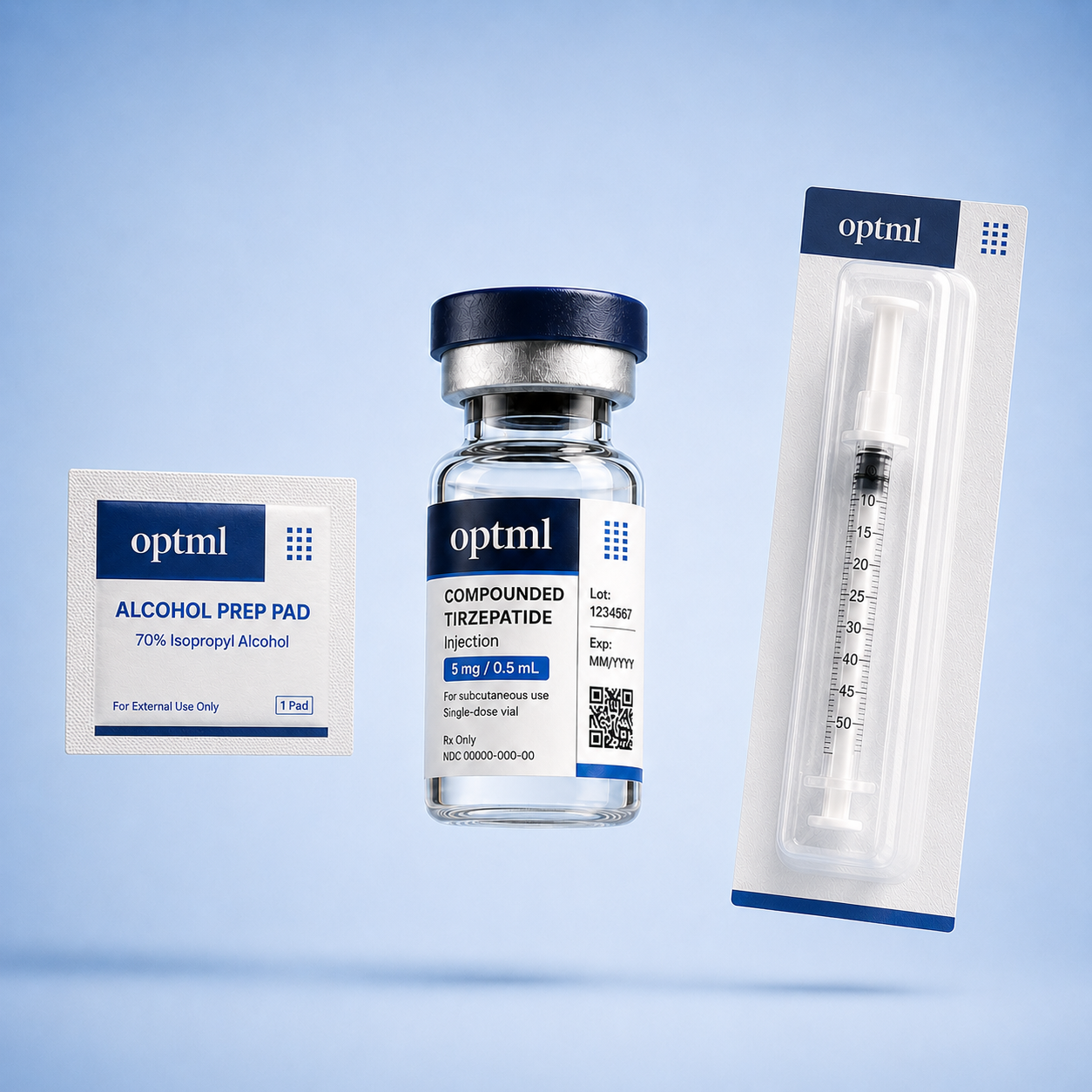 OPTML compounded semaglutide kit: alcohol prep pad, vial, and pre-paired syringe